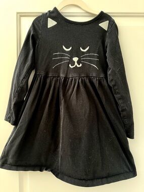 Girls Black Cat Face Long-Sleeve Dress